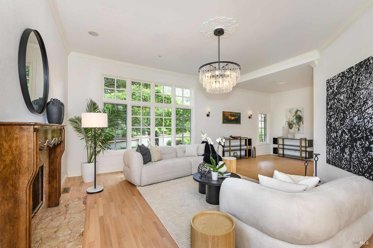 Formal living room with French doors opening to the terrace